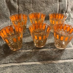 6 Vintage Culver Orange Scroll Glasses. Old fashion 4 inches high